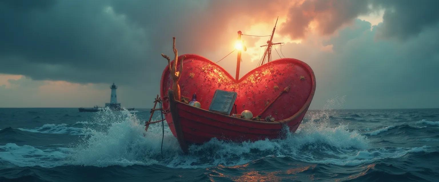 Heart-shaped boat weathering a storm symbolizing heartbreak