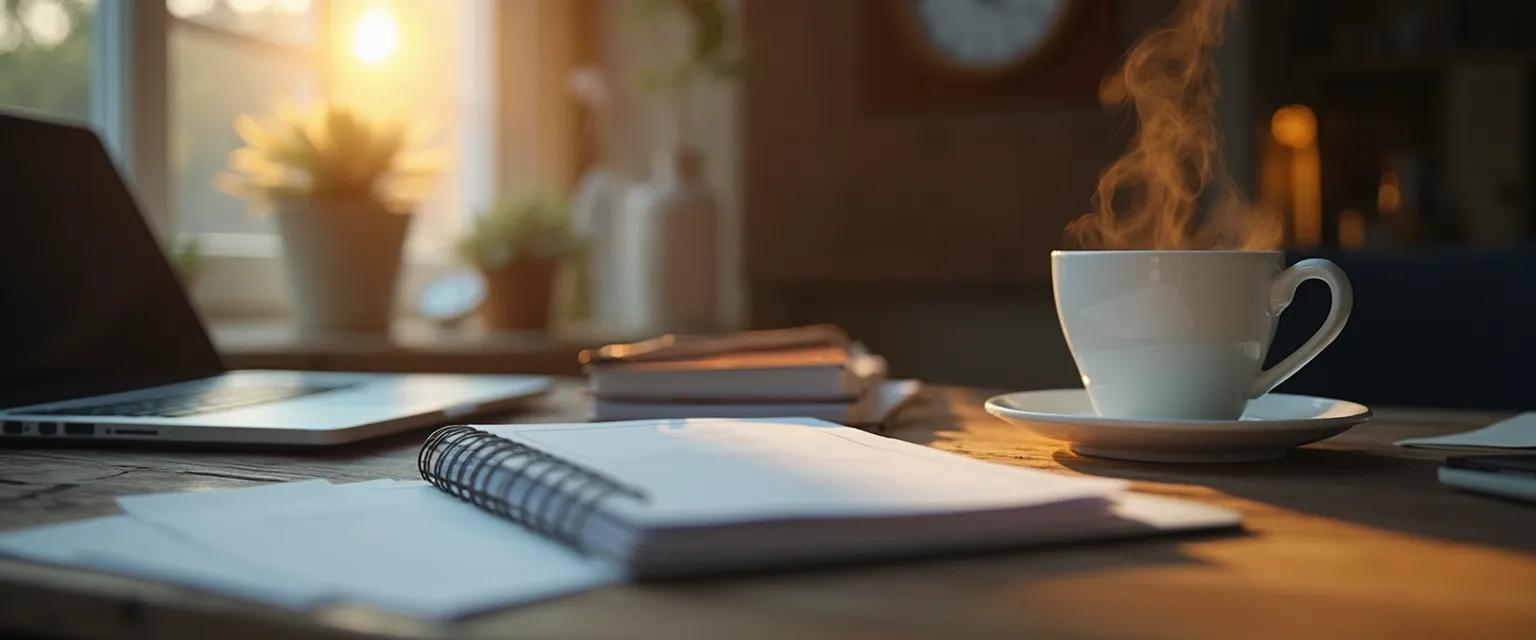 A productive desk setup with coffee representing routine