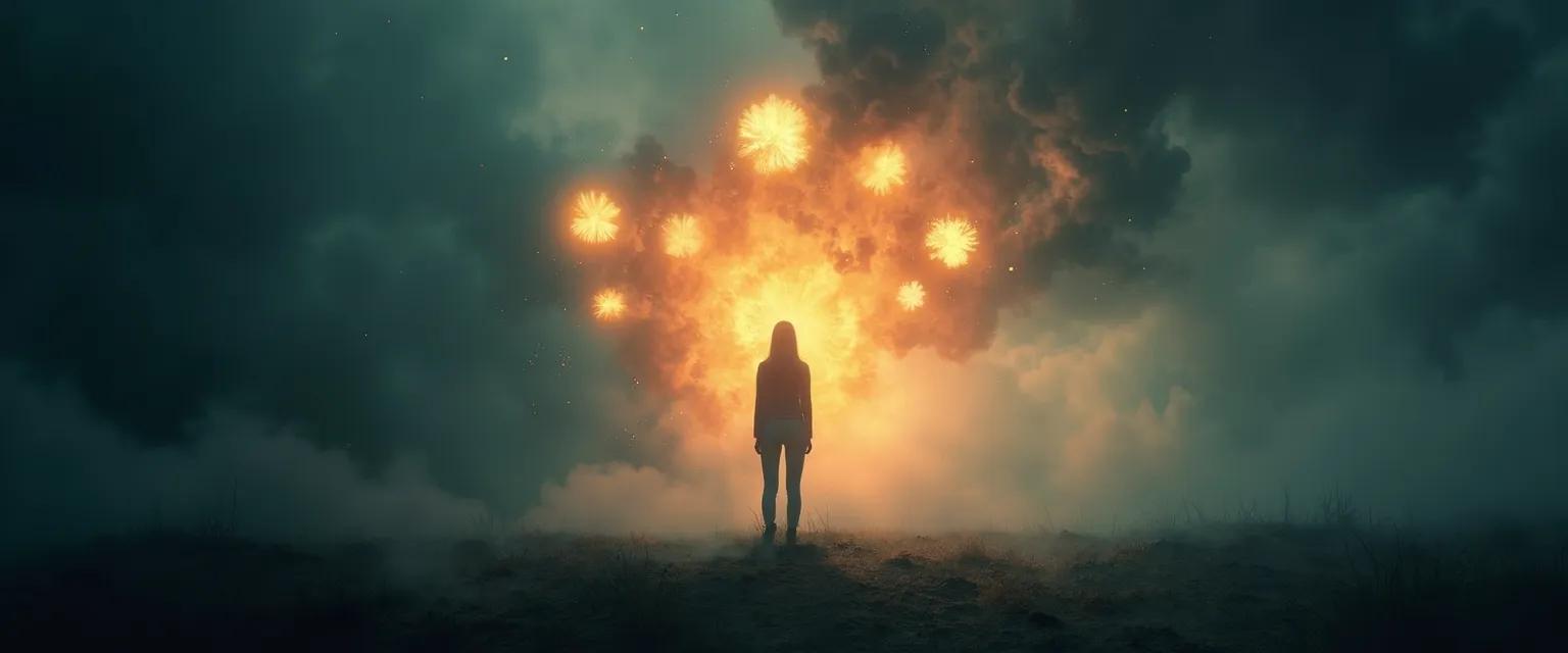 person facing lighting bolts in dark clouds representing anger