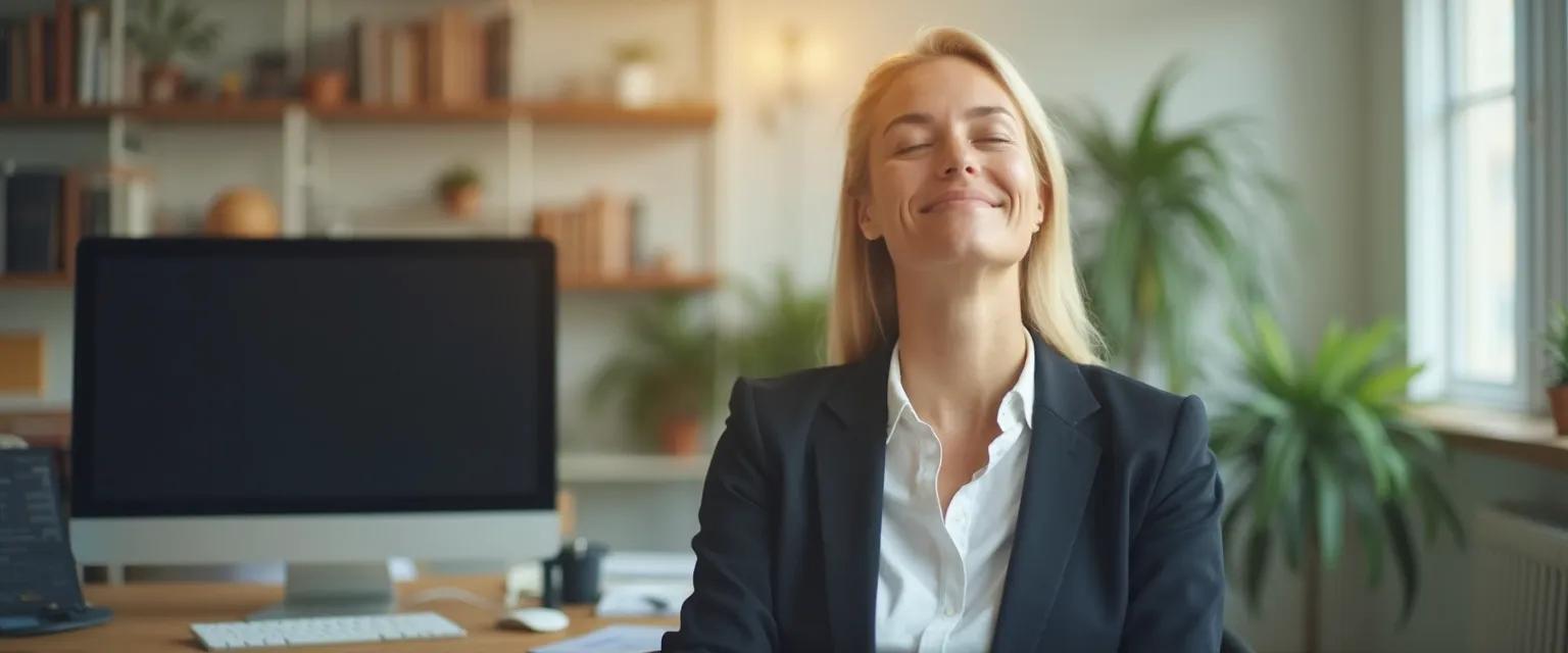 Professional practicing MBSR mindfulness exercise at desk during busy workday