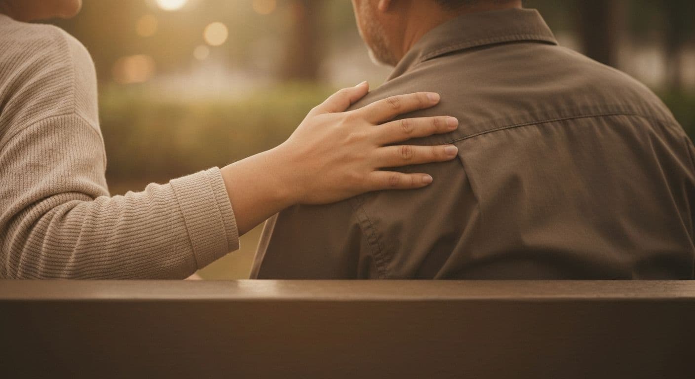 Two friends sitting together in supportive silence, demonstrating words to console a grieving friend through presence