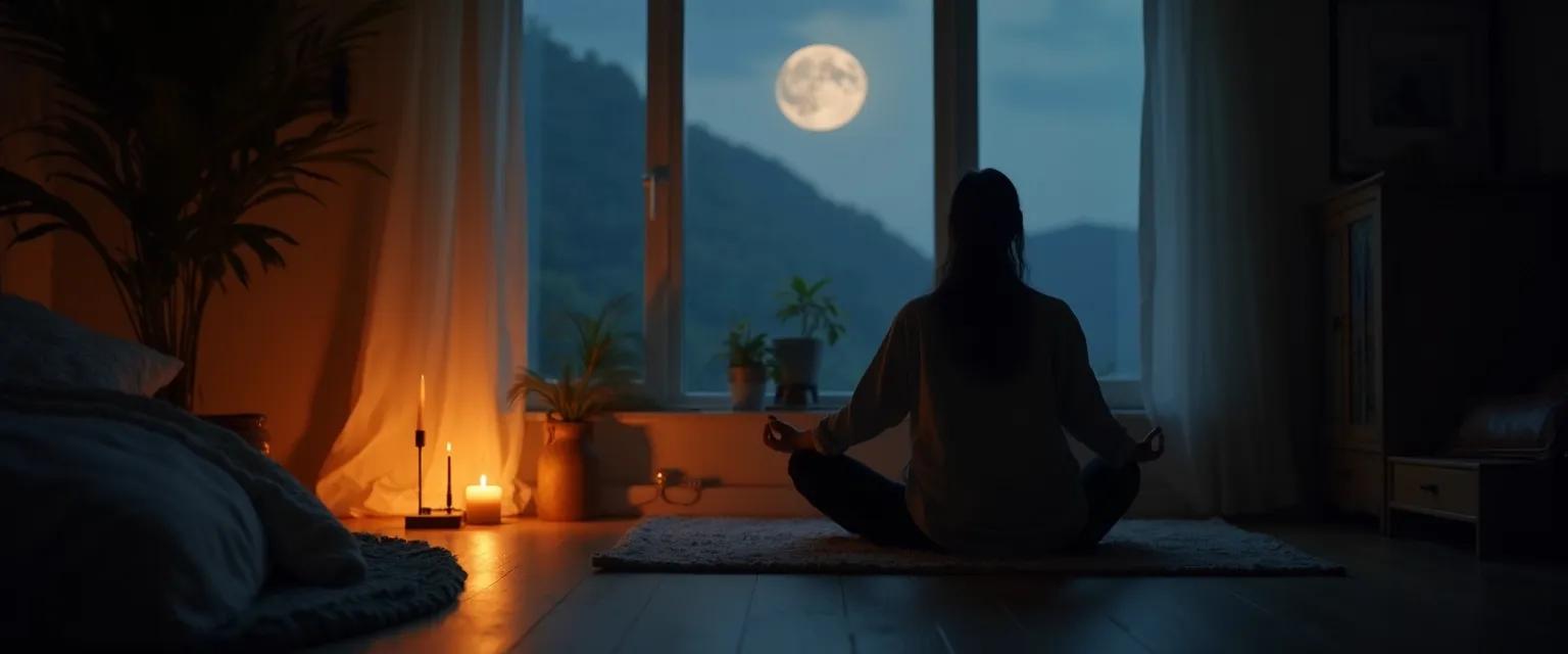 Person practicing evening meditation and sleep techniques in a dimly lit, comfortable room