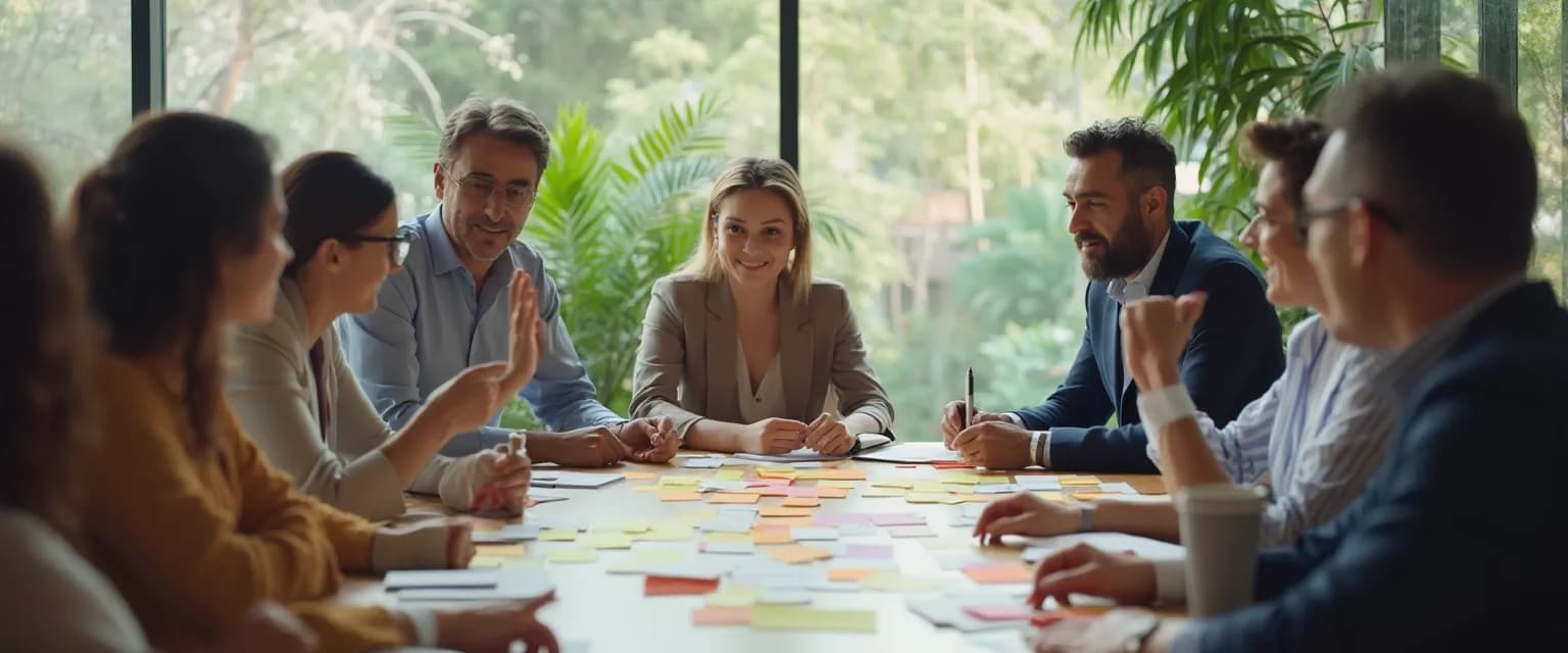 Executive team demonstrating corporate emotional intelligence during a collaborative meeting