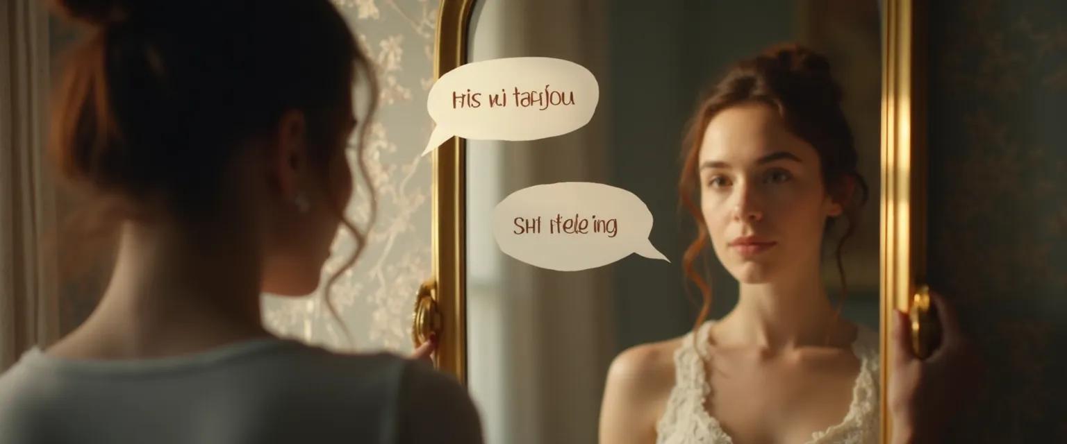 Person practicing self awareness in English through mirror conversation technique