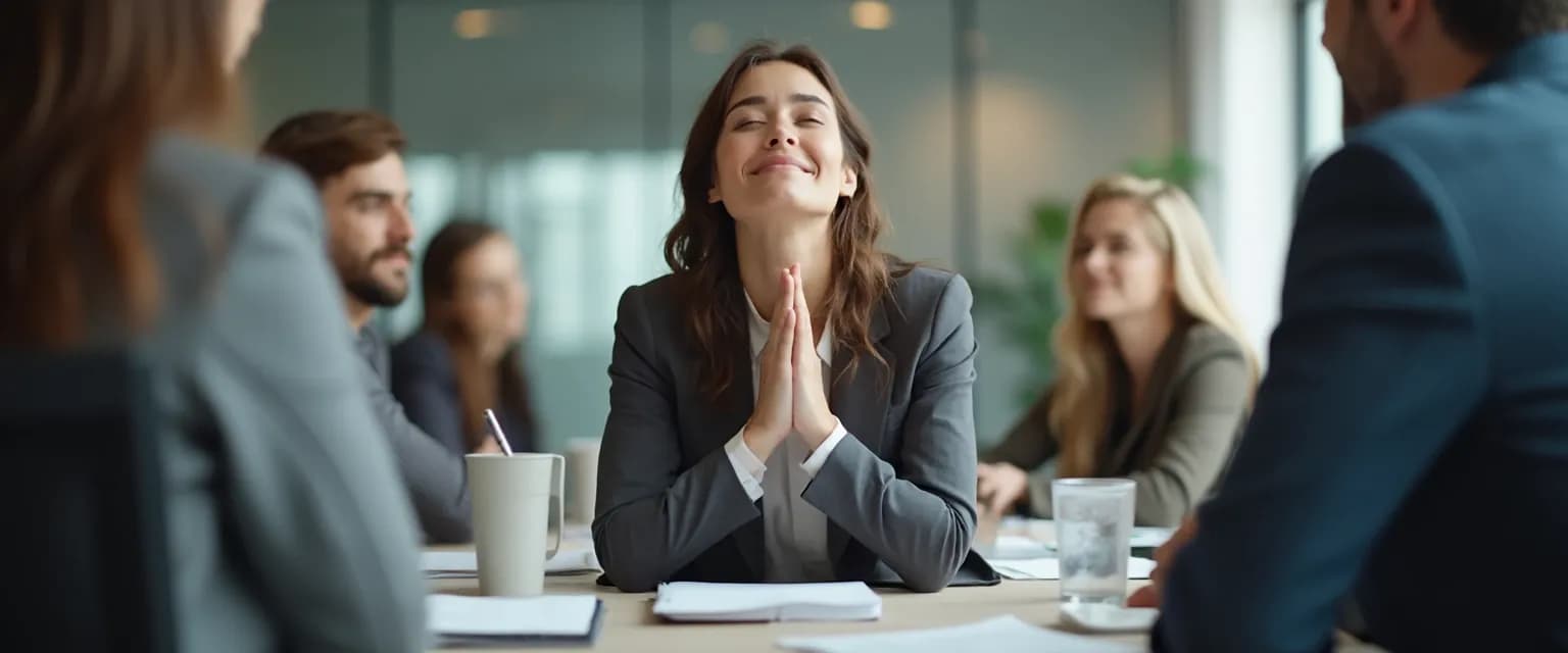 Professional practicing self awareness and management techniques during a high-pressure meeting