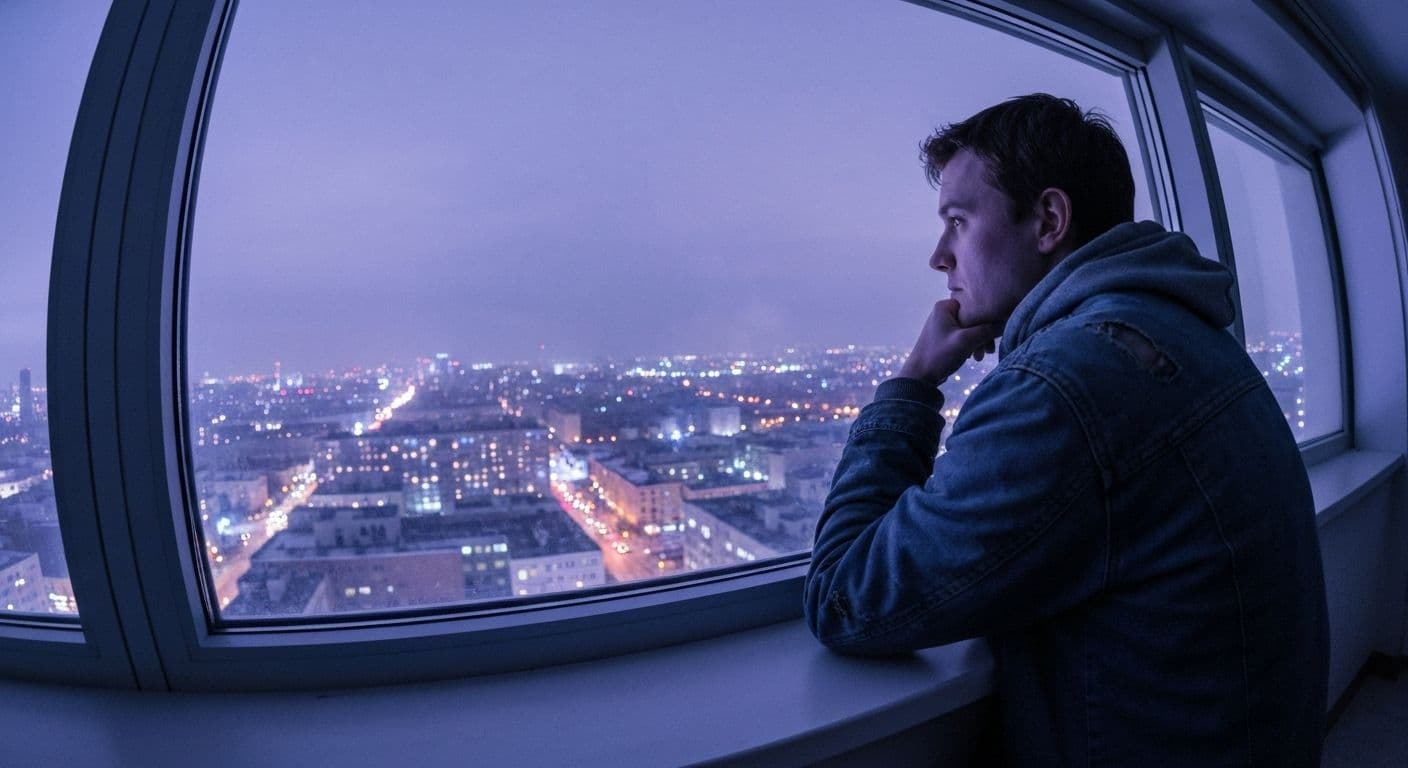 Person sitting alone at night feeling miserable after a breakup, looking thoughtfully out window