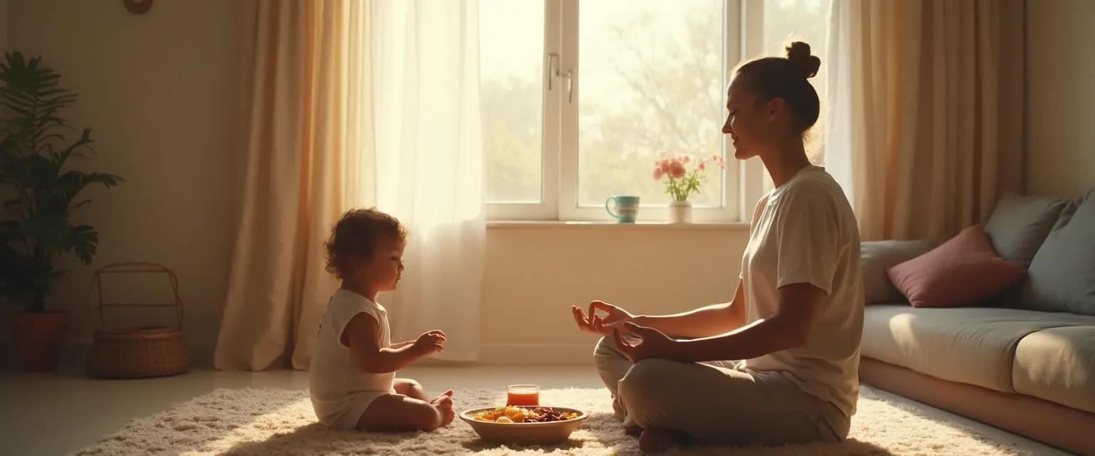 Working parent practicing mindfulness in Hindi during busy morning routine with children