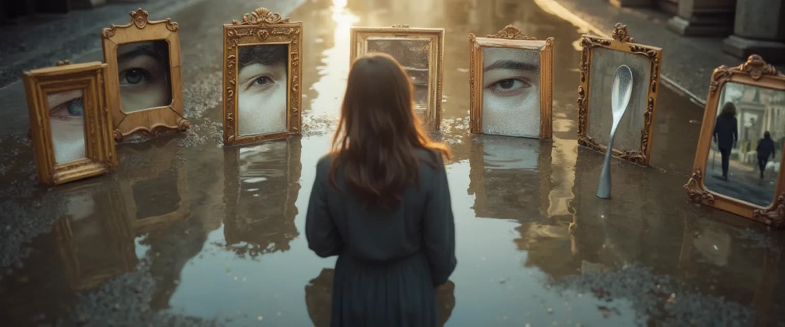 Person reflecting on self-awareness in simple words through everyday mirror activities