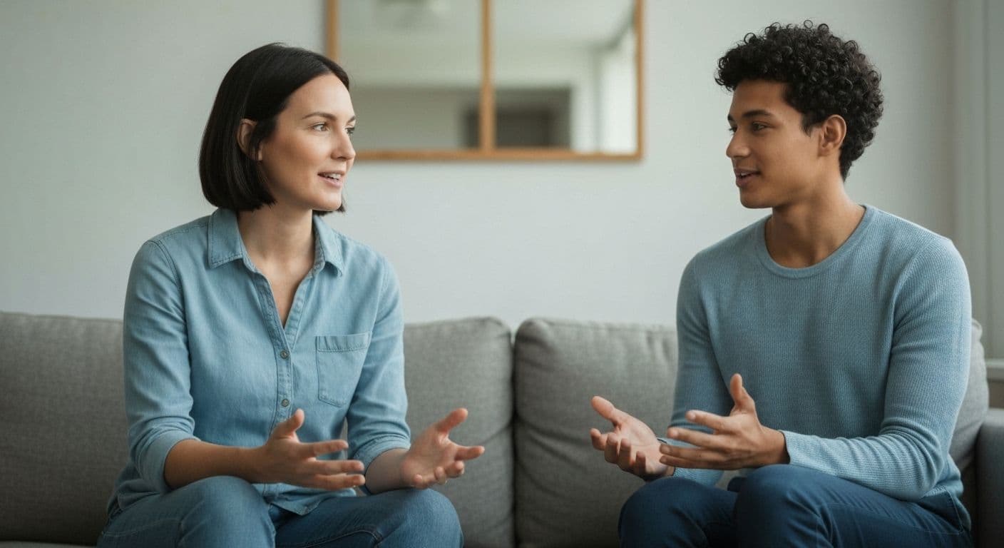 Couple having calm discussion after breakup to makeup reconciliation using healthy conflict resolution strategies