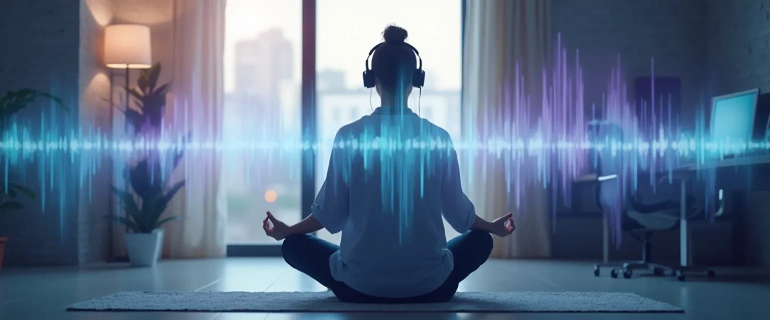 Professional practicing 5-minute listening meditation mindfulness technique at desk