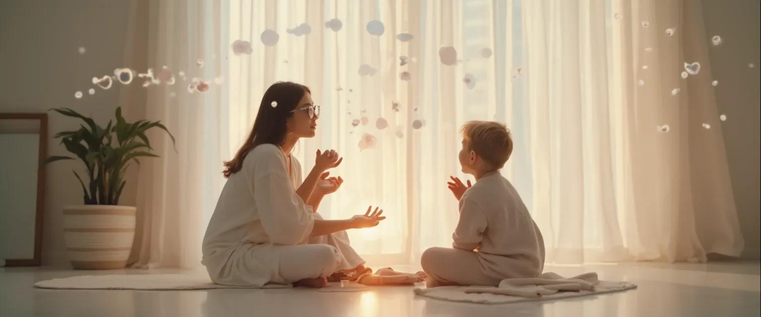 Parent teaching self-awareness to child through mirror reflection activity