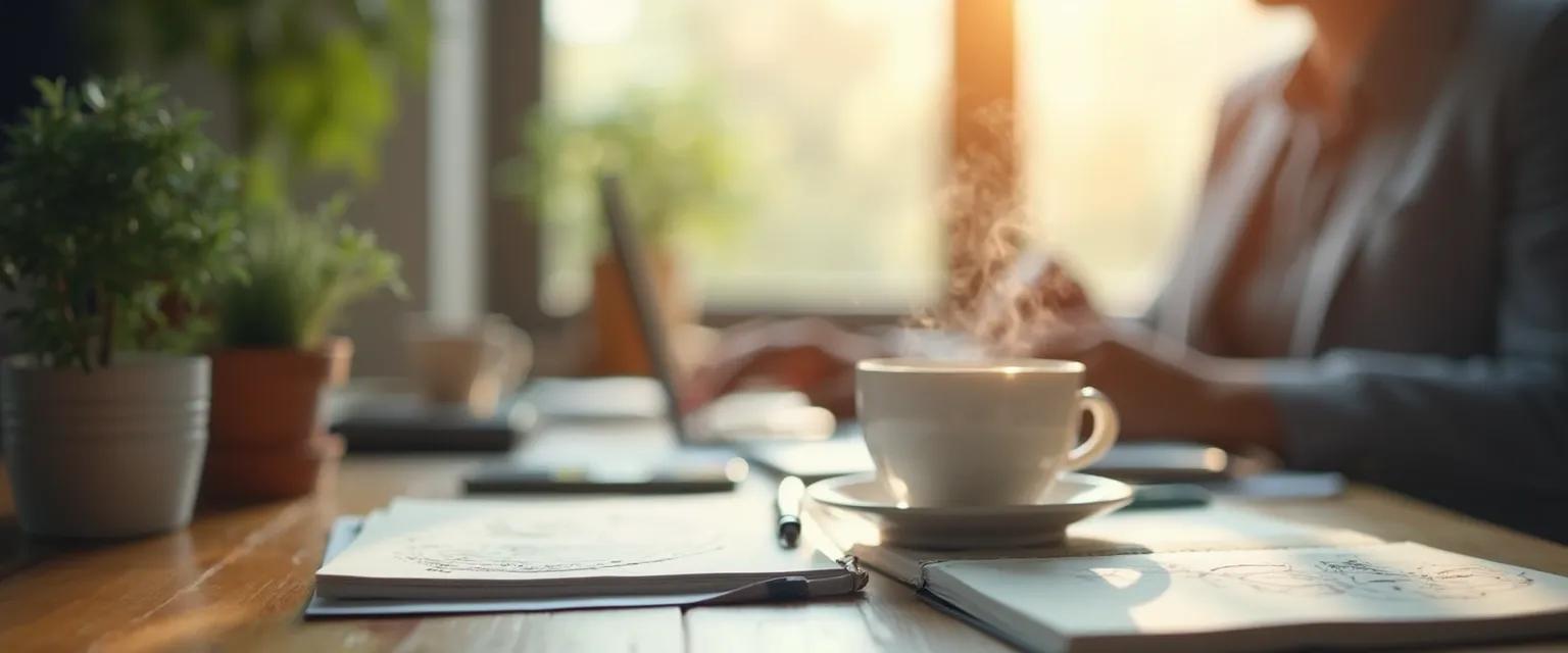 Professional using quick mind clearing techniques at desk during chaotic workday