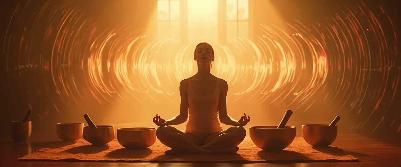 Person experiencing sound bathing with singing bowls to calm the mind