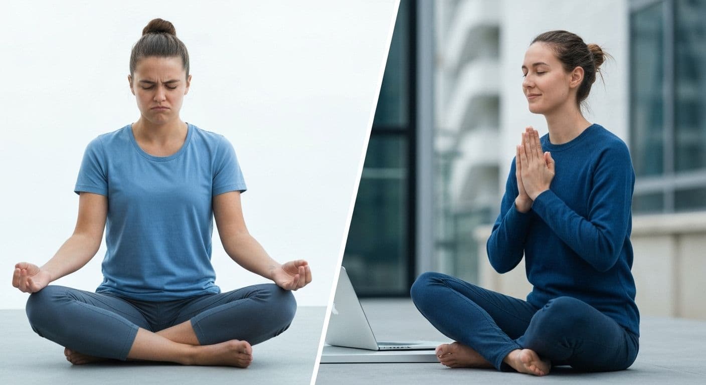 Modern professional using smartphone mindfulness app instead of attending traditional mindfulness institute training