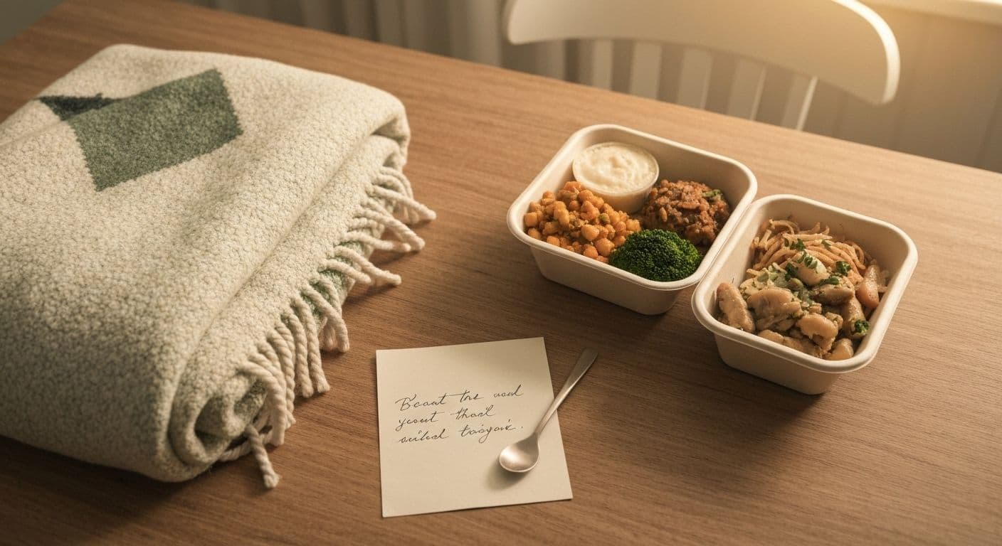 Practical items to get someone who is grieving including meal delivery cards and comfort items