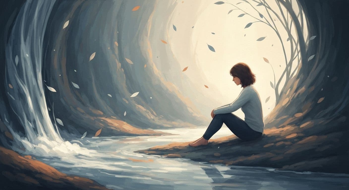 Person practicing grief mindfulness with hand on heart in peaceful contemplation