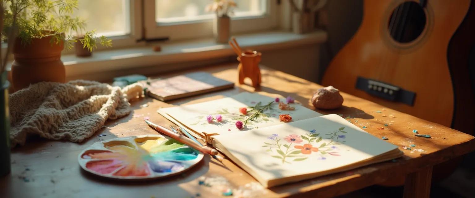 Person recovering from heartbreak through creative hobbies like painting, music, and gardening
