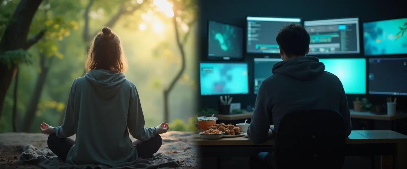 Person engaging in mind relaxing activity versus mind numbing distraction