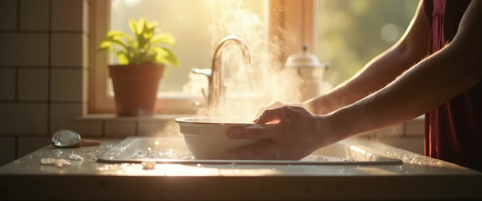 Woman mindfully washing dishes as her spiritual self increases self awareness