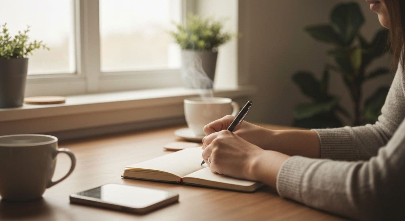 Person writing in journal using prompts for grief to process anger and move toward acceptance after loss