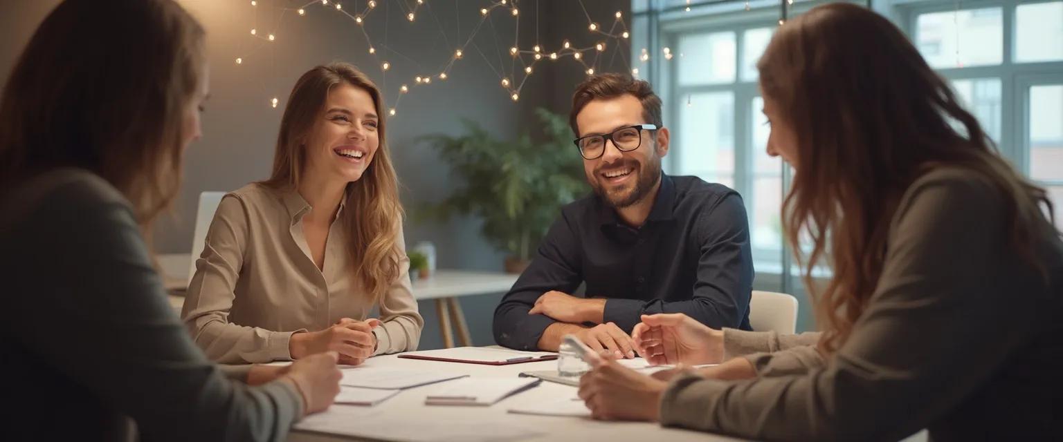 Professionals demonstrating social intelligence in the workplace through collaborative interaction