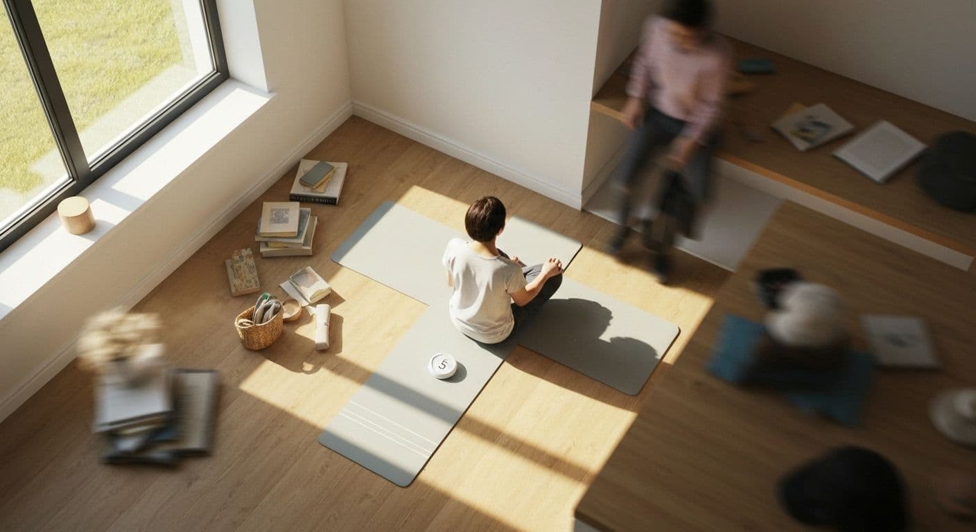 Person practicing mindfulness with reflection during morning coffee routine in calm kitchen setting