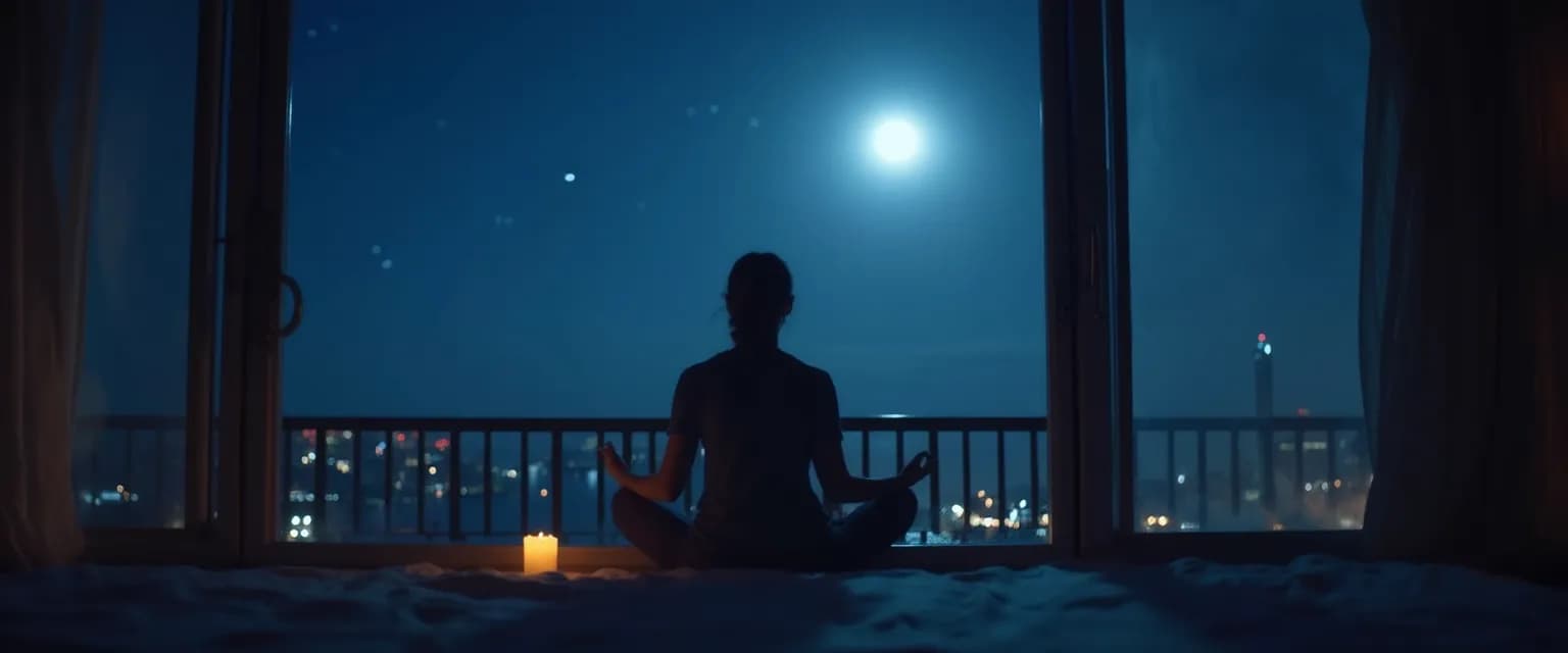Person practicing self-care and awareness exercises during evening hours in a cozy setting