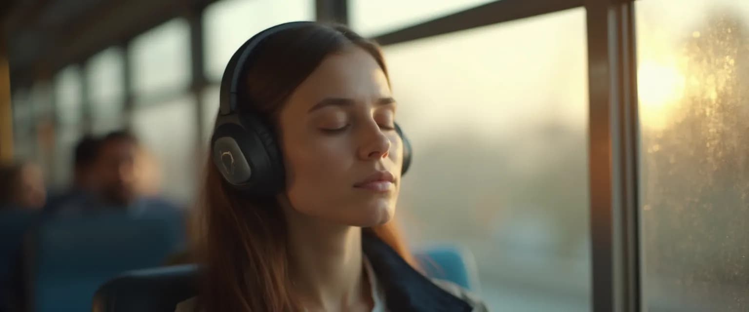 Person practicing listening meditation mindfulness during their commute with a peaceful expression