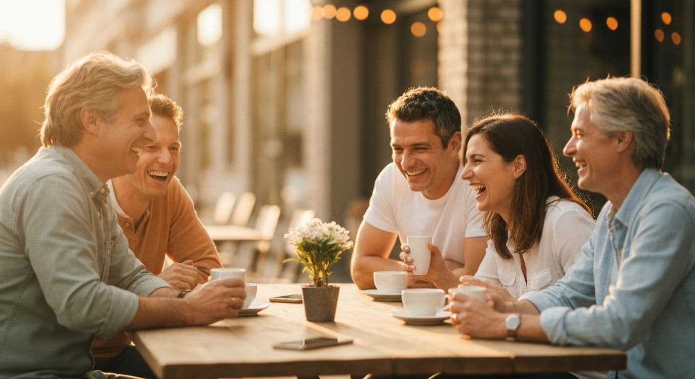 Person smiling while having coffee with friends, representing recovering from heartbreak and rebuilding social connections
