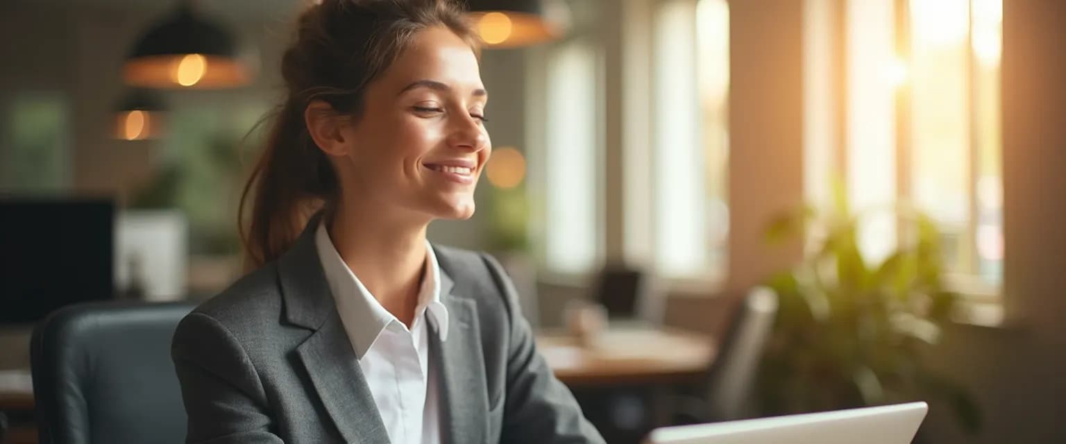 Professional woman practicing 5-minute happiness exercise proving happiness is a choice