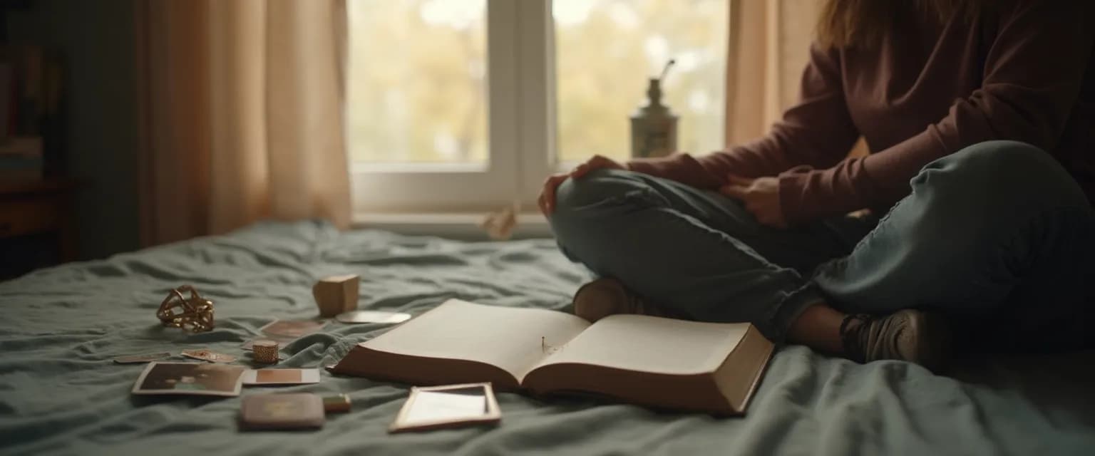 Woman reading Notes on Heartbreak by Annie Lord while journaling her own healing journey