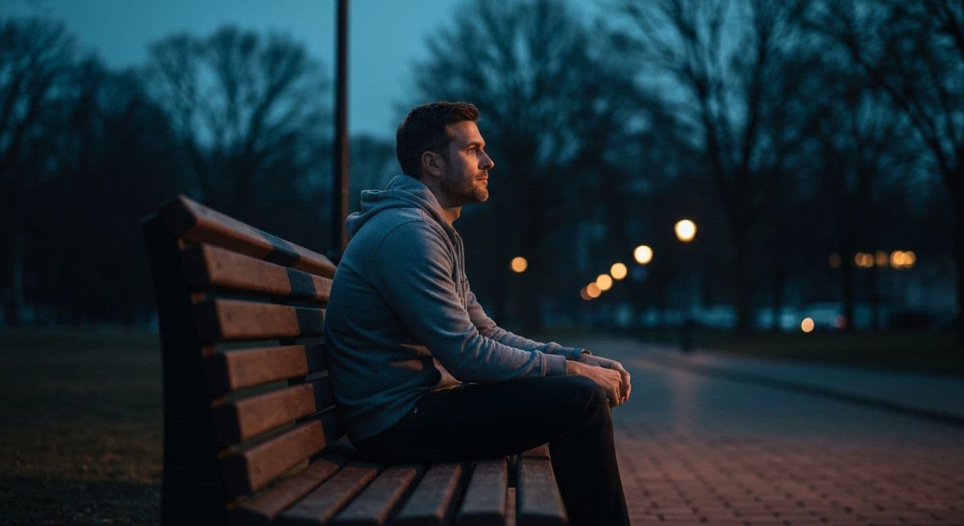 Man reflecting on emotions during men's breakup recovery process with supportive guidance