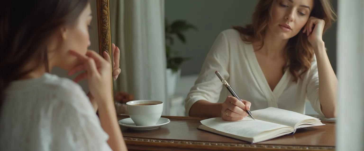 Woman practicing self awareness therapy through mirror work and journaling