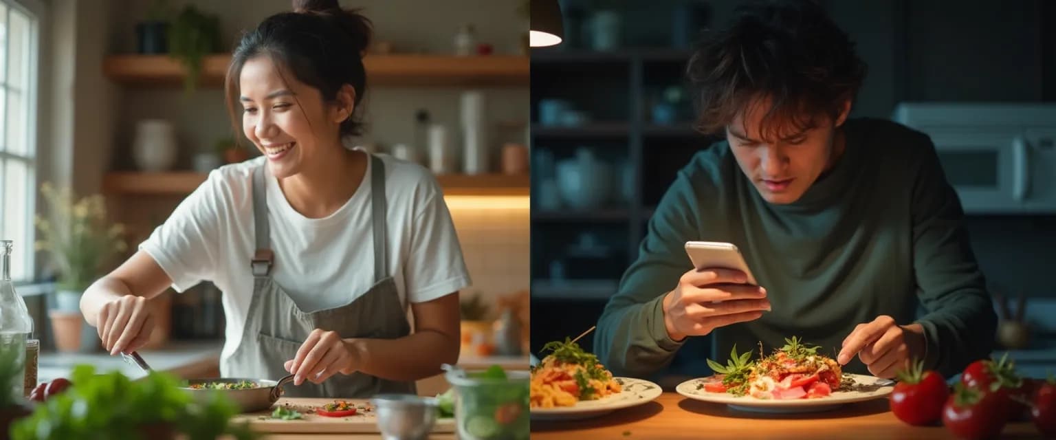 Person practicing mindfulness while cooking a nutritious meal