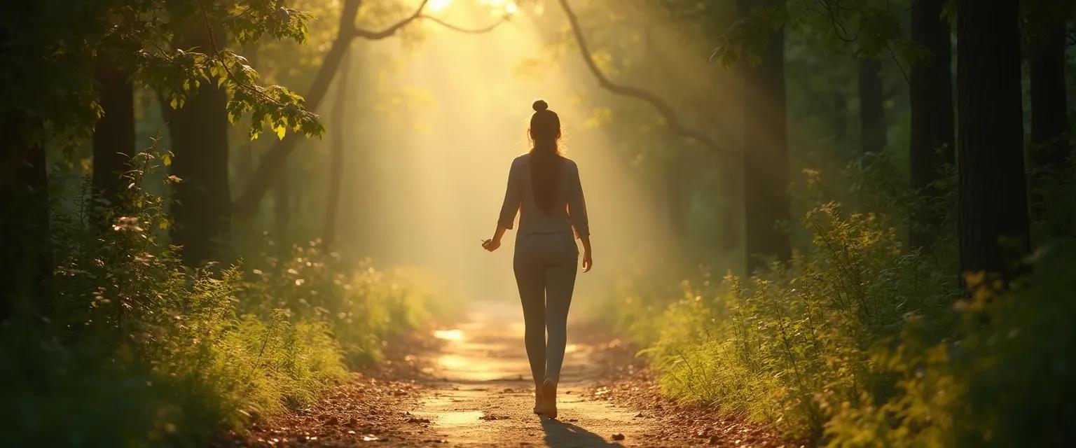 Person practicing walking meditation outdoors with mindful awareness