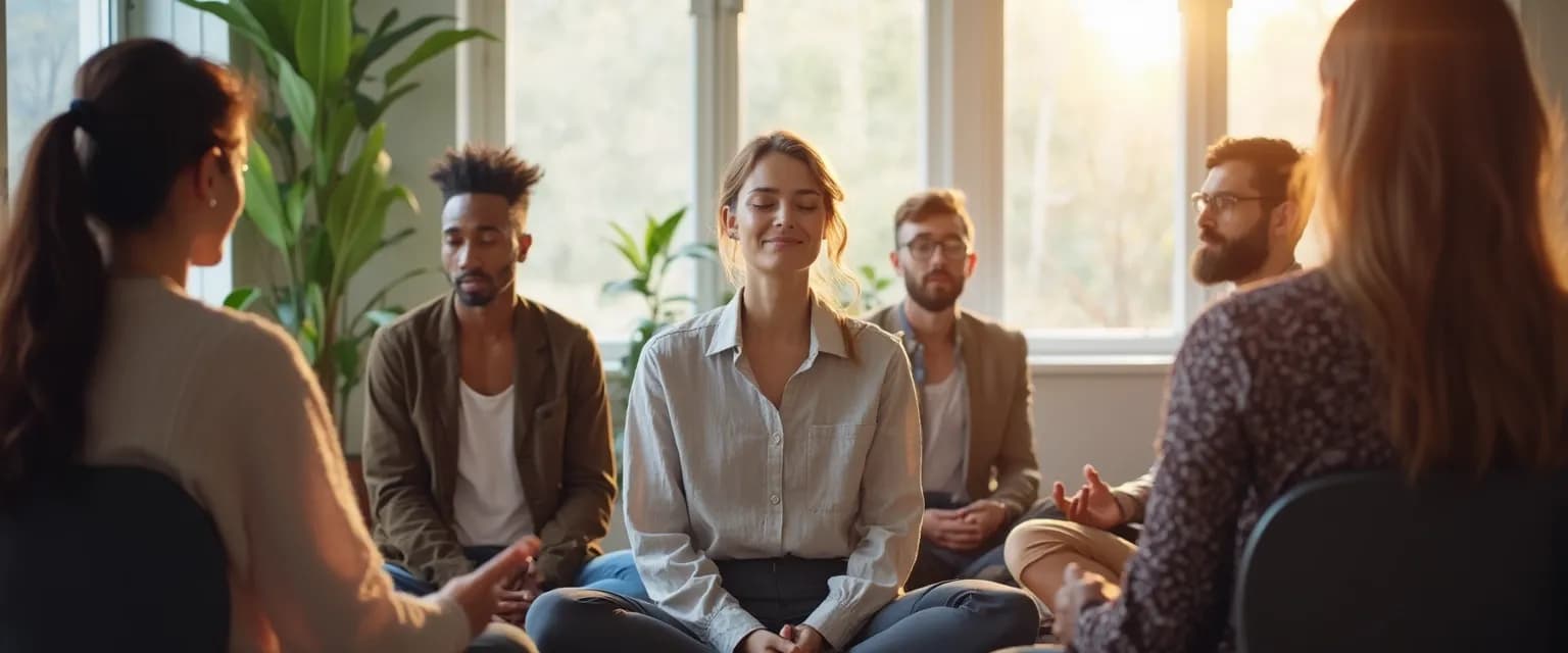 Team practicing mindfulness exercises for groups in a bright office space