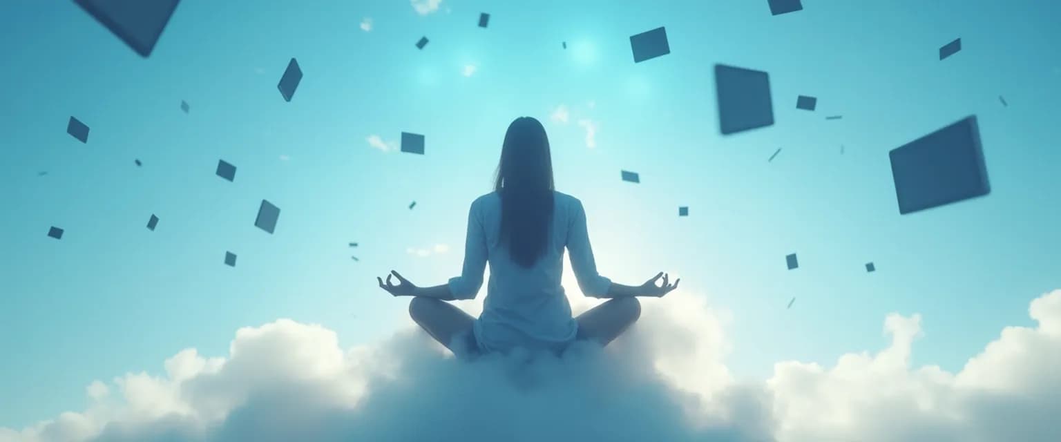 Person transitioning from mindfull information overload to mindful clarity through simple techniques