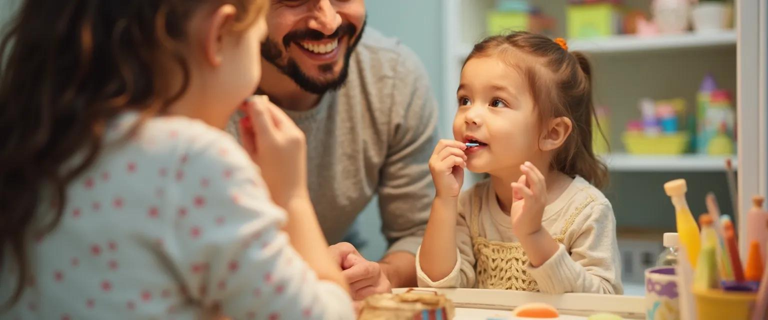 Parent teaching self-awareness to preschooler during morning routine with emotion cards