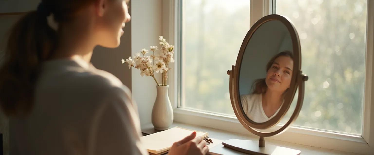 Person practicing daily self identity and self awareness reflection in a mirror