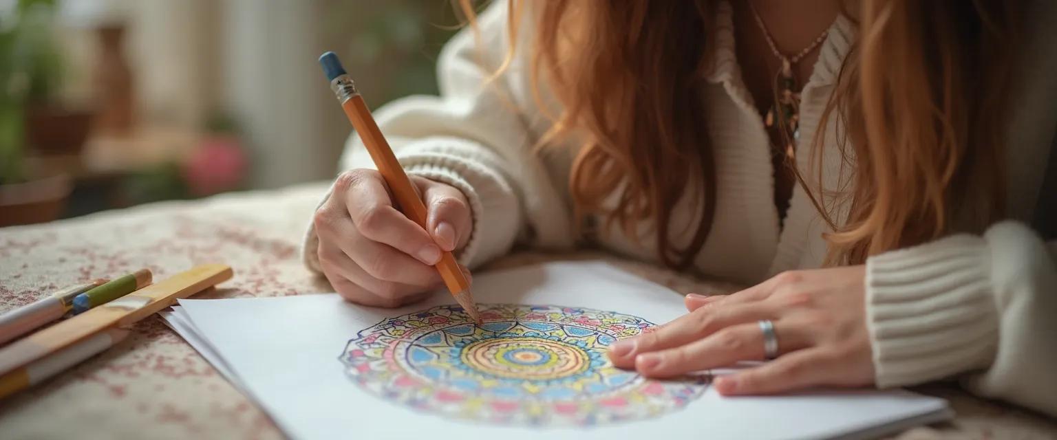 Person engaged in mindful coloring for chronic pain relief with colored pencils and mandala design
