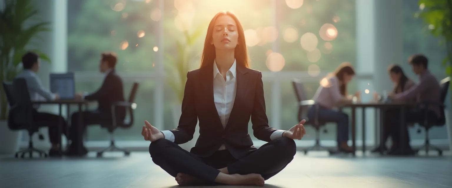 Professional practicing 7-minute meditation and mindfulness during lunch break