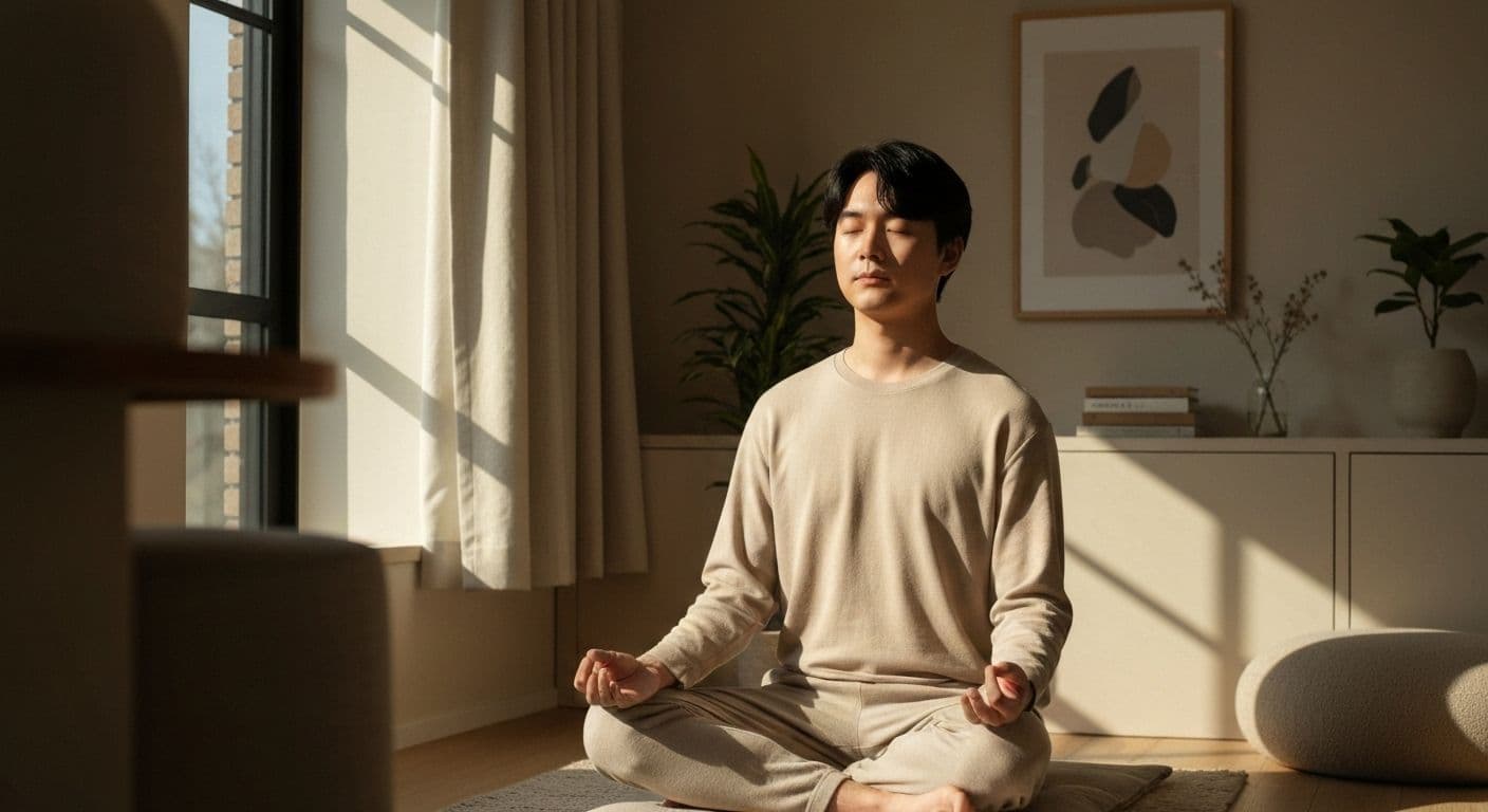 Person practicing guided meditation for anxiety and depression in a peaceful home setting with free resources