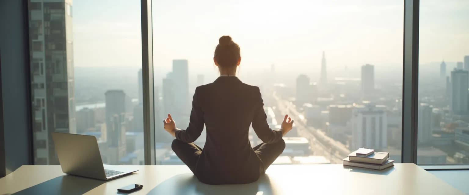 Person practicing Jon Kabat-Zinn guided meditation during a short break at work