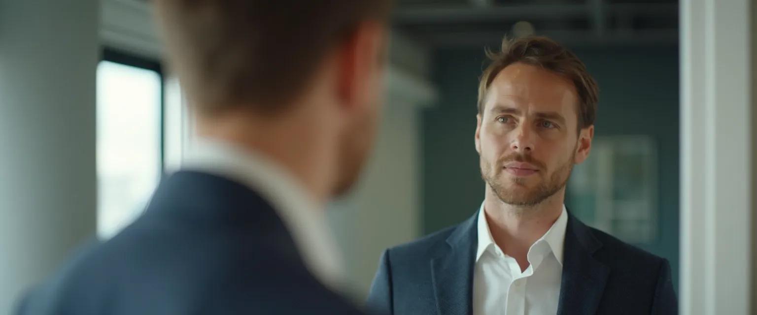 Professional reflecting during a mirror moment for self-awareness in authentic leadership