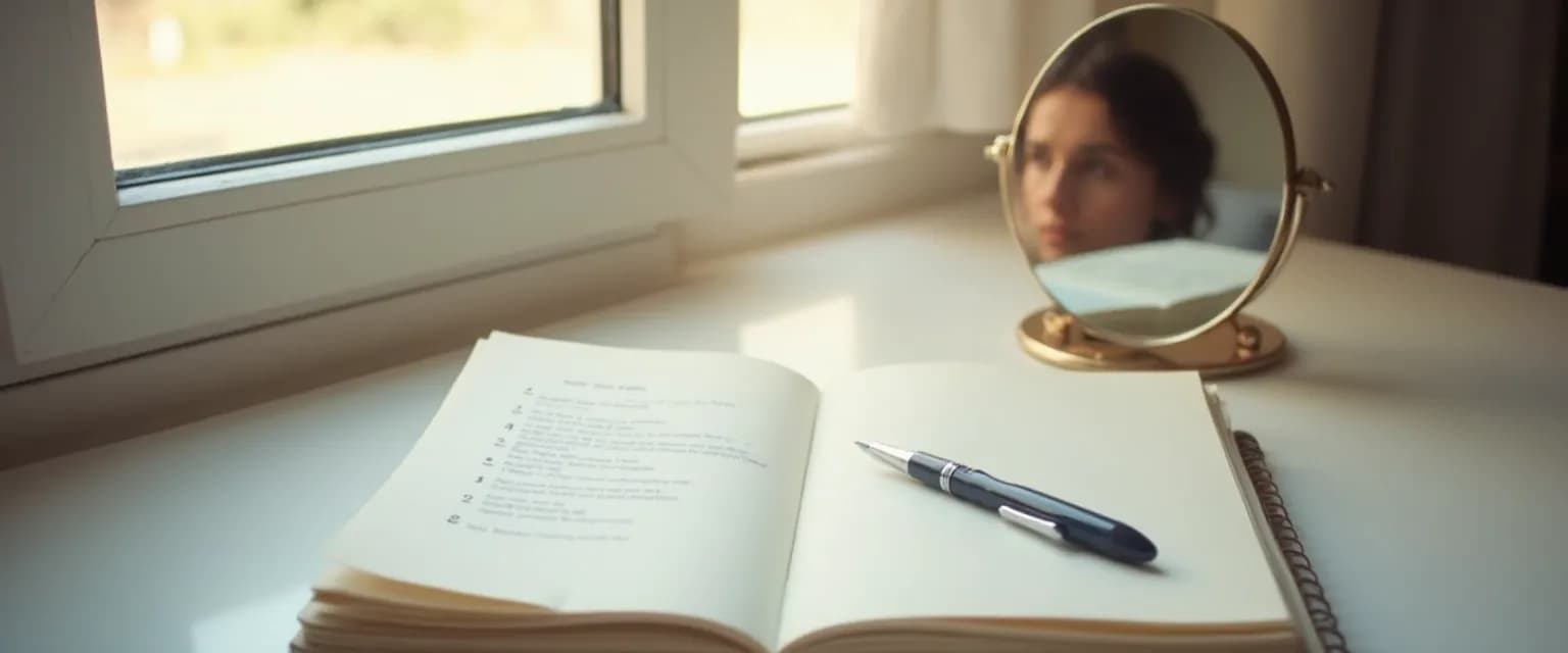 Person reflecting with mirror journaling to enhance self-awareness using 5 daily questions