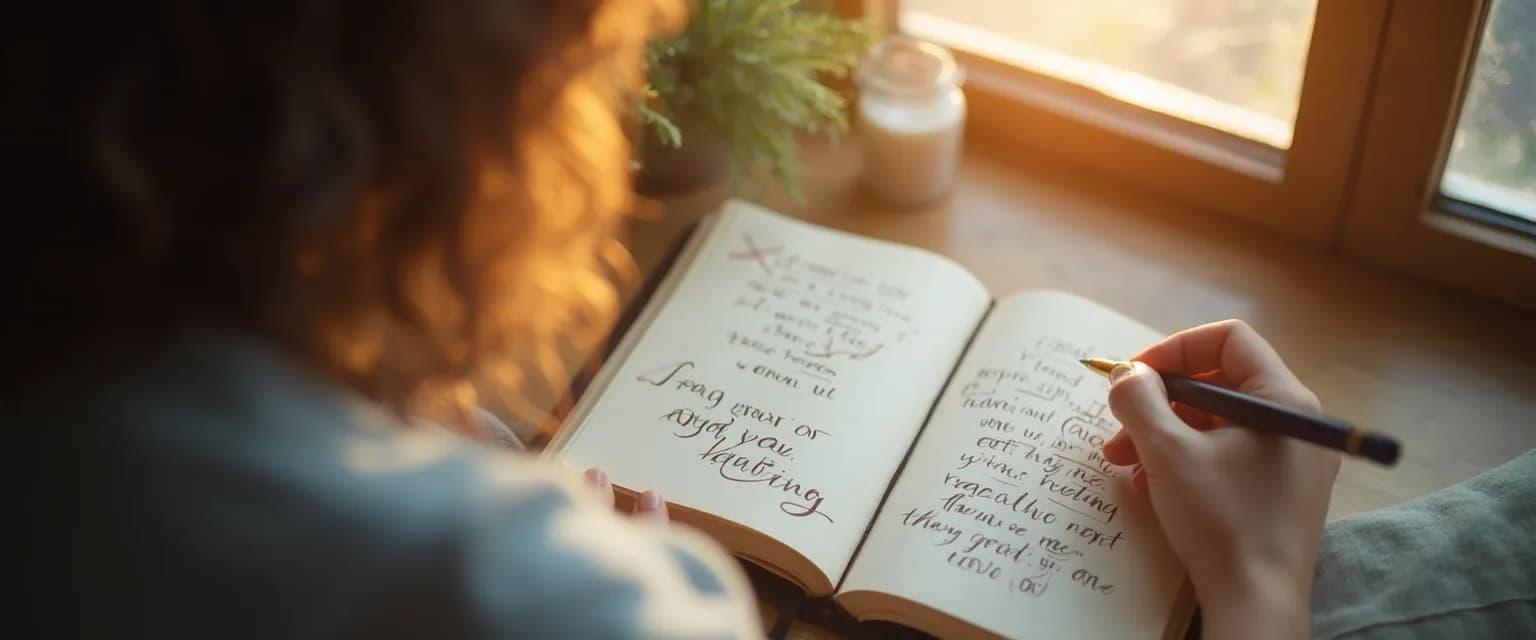 Person replacing heartbreak words with healing phrases in a journal