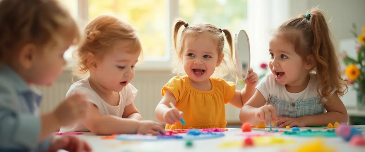 Toddler engaging in self-awareness activity during early childhood development
