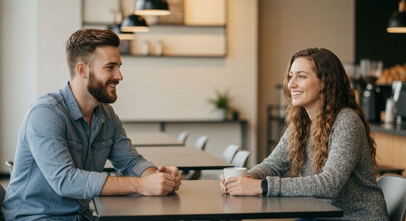 Two people having a friendly conversation illustrating a healthy relationship after breakup