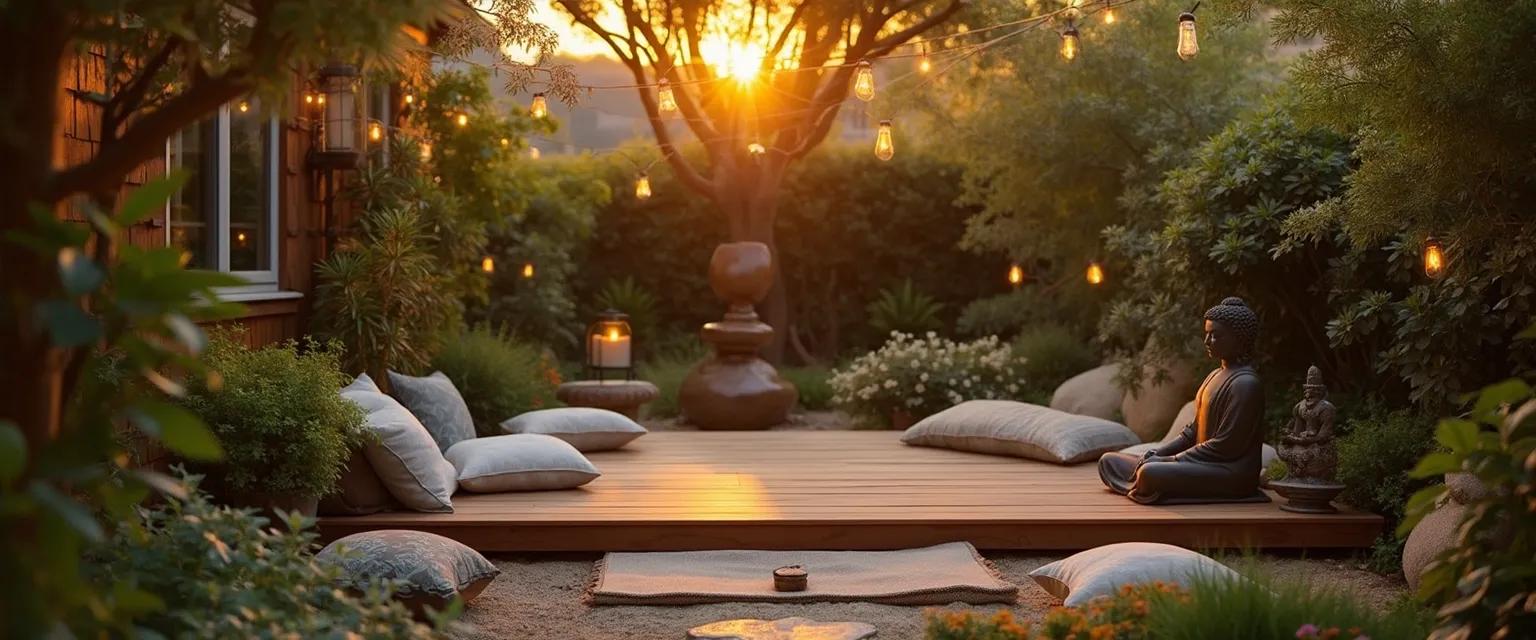 Peaceful backyard mindfulness retreat setup with meditation cushions and natural elements