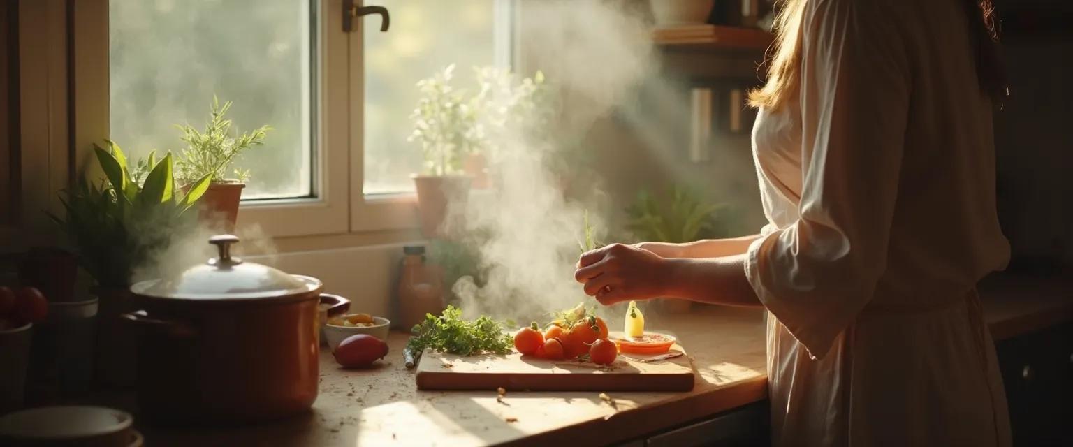 Person practicing silent mind techniques while mindfully preparing food in kitchen